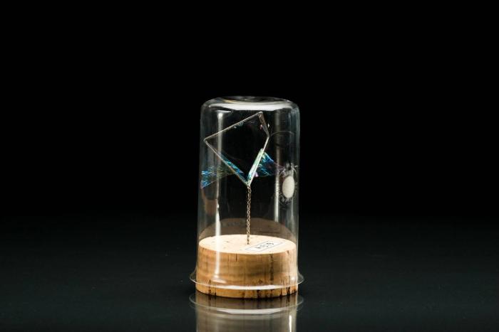 Minimalfläche, an windschiefem Viereck ausgespannt, aus einer Flüssigkeitshaut entstanden, in einem Becherglas
