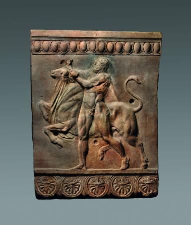 Campanaplatte: Herakles im Kampf mit dem Stier