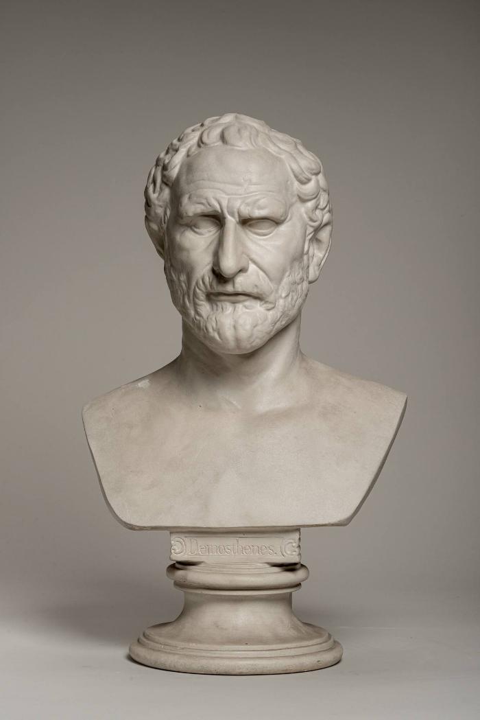 Kopf von der Porträtstatue des Redners Demosthenes auf moderner Büste