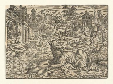 Romulus und Remus von der Wölfin gesäugt