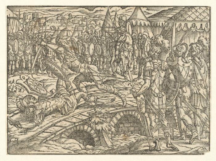 Titus Manlius tötet einen Soldaten auf der Brücke