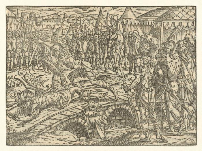 Titus Manlius tötet einen Soldaten auf der Brücke