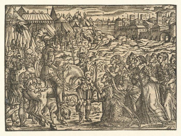 Veturia knieend vor Coriolanus