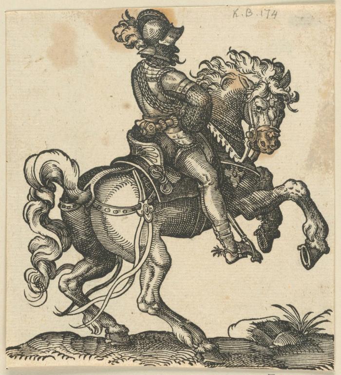Ein Reiter in Rüstung auf einem steigenden Pferd