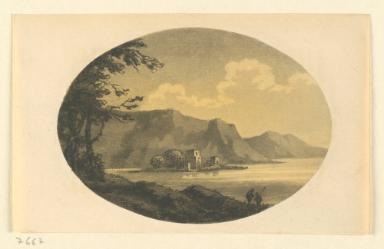 "Loch-Leven Castle" (The general idea of the scene only is aimed at. The form of the castle is not exact; and the mountain beyond it, is not so broken as it is represented here; but in endeavouring too acurately to correct little impropriety in plates of this kind, I found was here great danger of losing the spirit of the whole.)