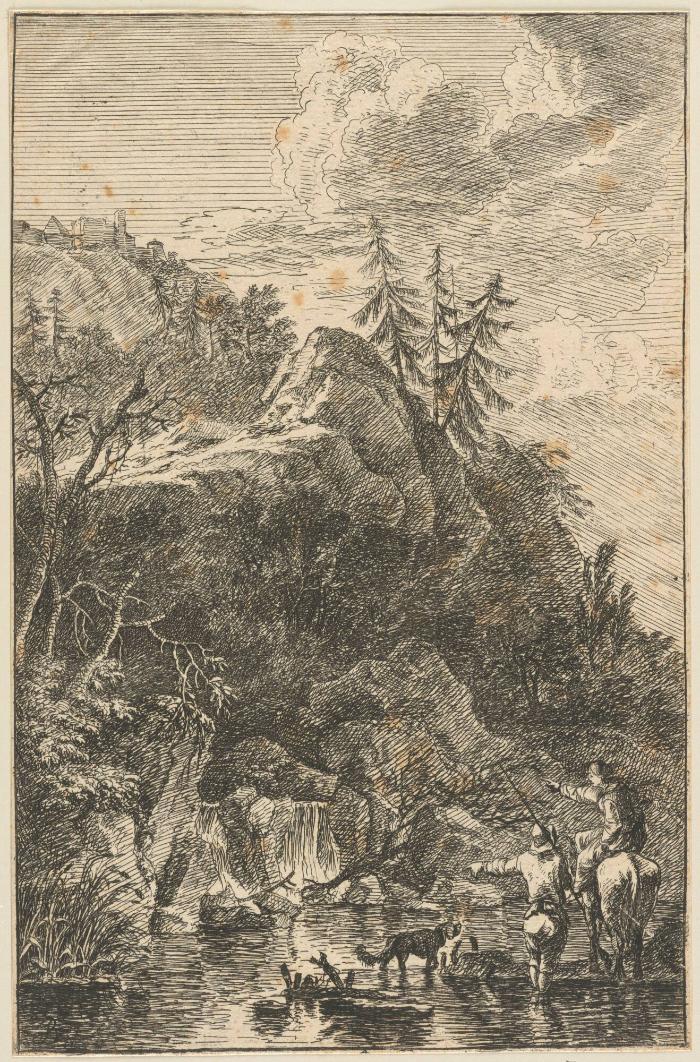 Mann mit Hund und Frau zu Pferd am Fluss (Serie: Landschaften)