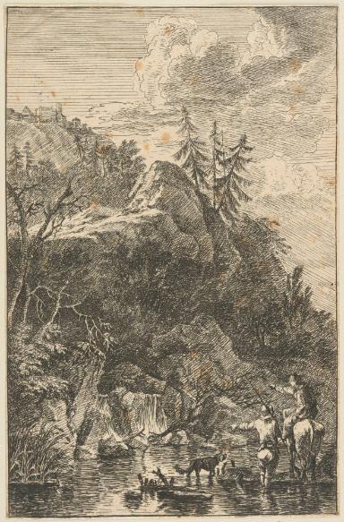 Mann mit Hund und Frau zu Pferd am Fluss (Serie: Landschaften)