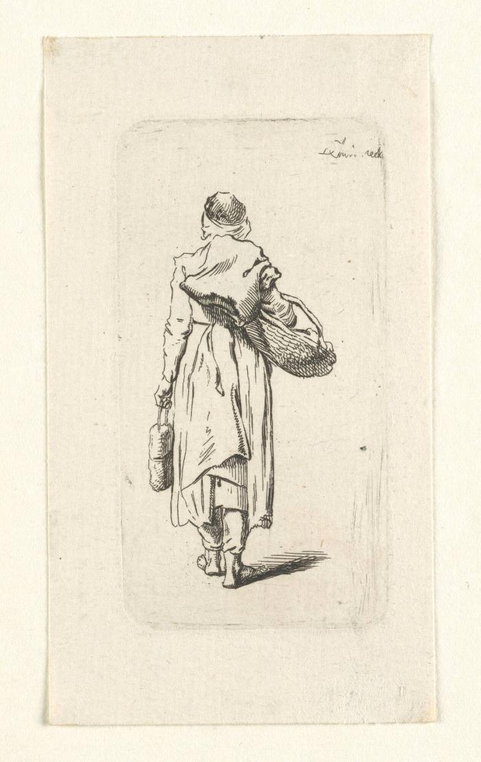 Frau mit Tasche und Korb in Rückansicht