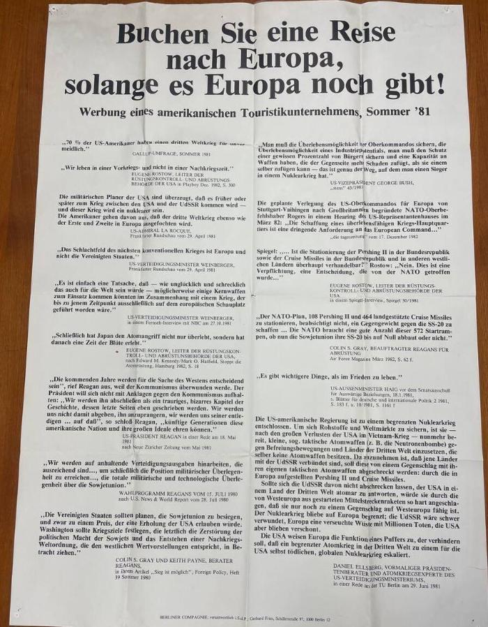 Plakat "Buchen Sie eine Reise nach Europa, solange es Europa noch gibt!"