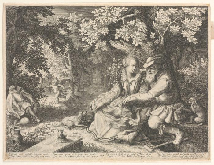 Waldlandschaft mit Frau und altem Mann, Amor und Tod schießen Pfeile