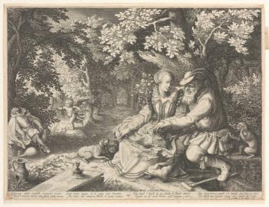 Waldlandschaft mit Frau und altem Mann, Amor und Tod schießen Pfeile