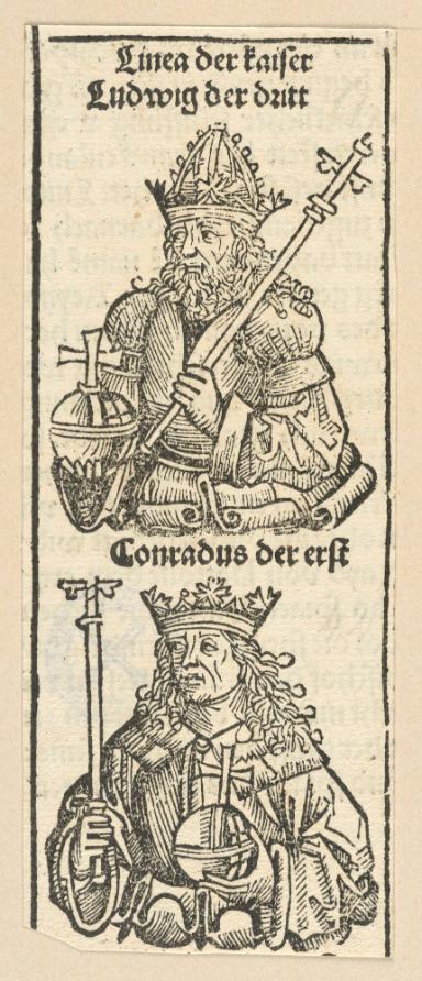 Schedelsche Weltchronik - Herrscherdarstellungen: Linea der kaiser, Ludwig der dritt, Conradus der erst (174r)