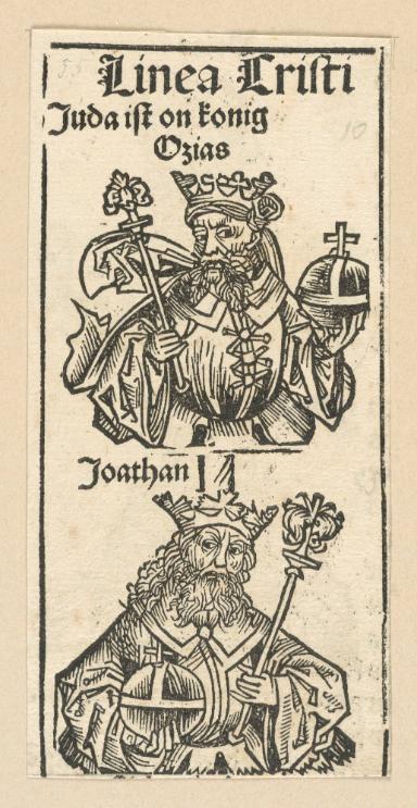 Schedelsche Weltchronik - Herrscherdarstellungen: Linea Cristi, Juda ist konig Ozias, Joathan (55r)