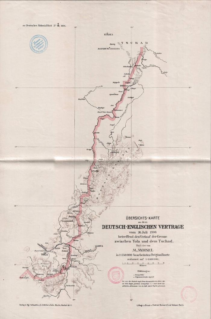 Übersichts-Karte zu dem deutsch-englischen Vertrage vom 16. Juli 1906 Grenze zwischen Yola und dem Tschad, reduziert auf 1:1.000.000