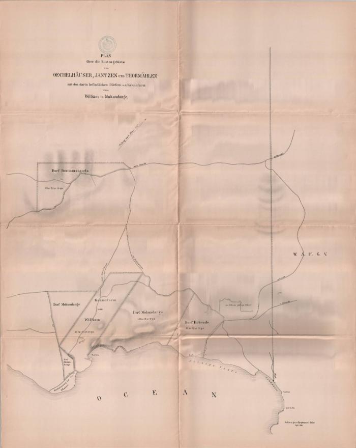 Plan über die Küstengebiete von Oechelhäuser, Jantzen und Thormählen mit den darin befindlichen Dörfern u. d. Kakaofarm von William in Makundange