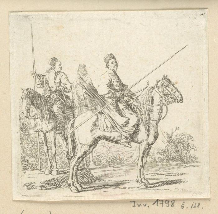 "Drei Baschkiren zu Pferd in einer Landschaft" (Engelmann 1857)