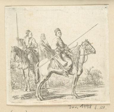 "Drei Baschkiren zu Pferd in einer Landschaft" (Engelmann 1857)