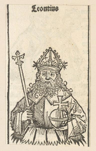 Schedelsche Weltchronik - Herrscherdarstellungen: Linea der kaiser, Leontius (158r)