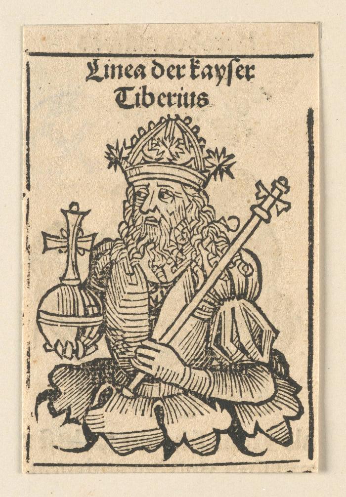 Schedelsche Weltchronik - Herrscherdarstellungen: Linea der kayser, Tiberius (096r)