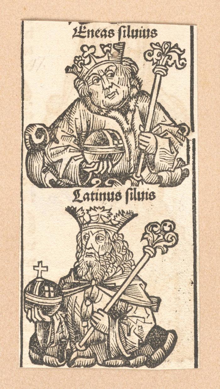 Schedelsche Weltchronik - Herrscherdarstellungen: Eneas silvius, Latinus silvis (049r)