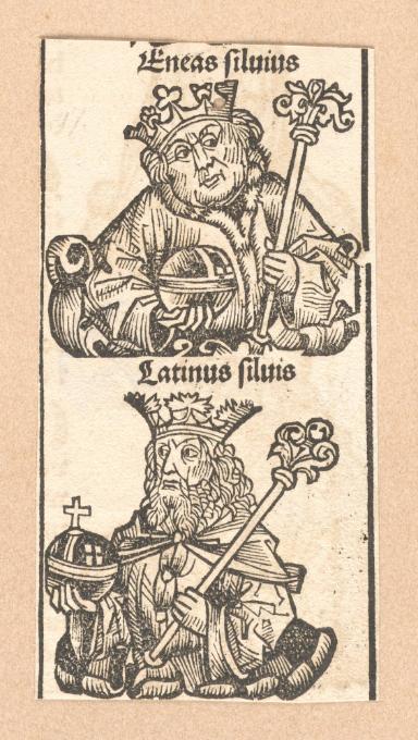 Schedelsche Weltchronik - Herrscherdarstellungen: Eneas silvius, Latinus silvis (049r)