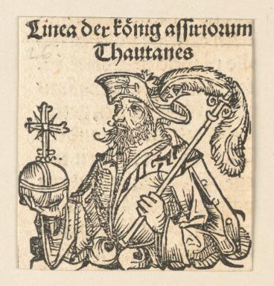 Schedelsche Weltchronik - Herrscherdarstellungen: Linea der koenig assirioum: Thauthanes (42v)