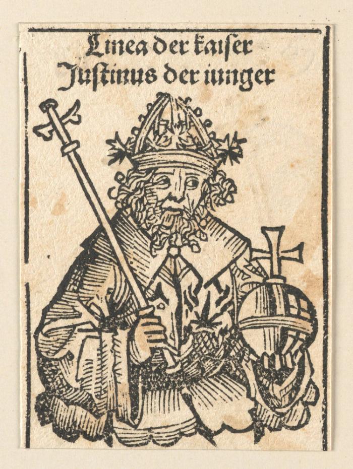 Schedelsche Weltchronik - Herrscherdarstellungen: Linea der kaiser, Justinus der iunger (147r)