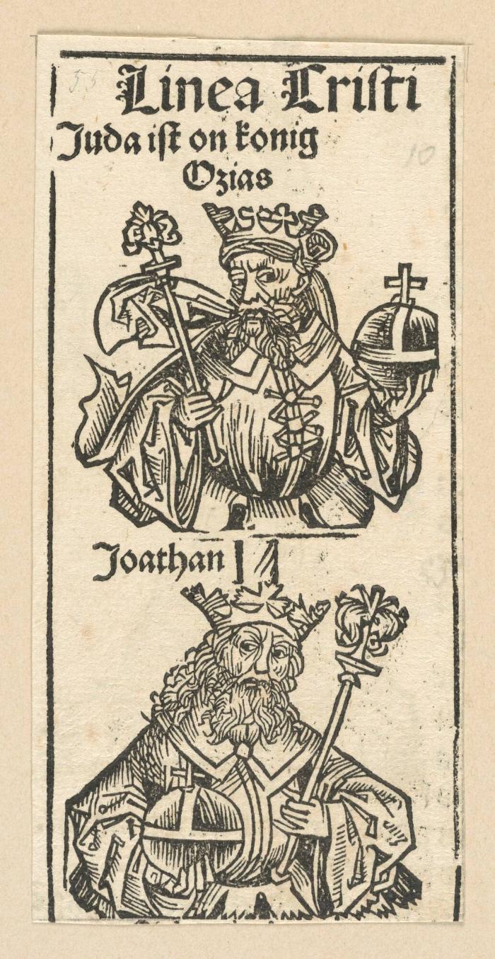 Schedelsche Weltchronik - Herrscherdarstellungen: Linea Cristi, Juda ist konig Ozias, Joathan (55r)