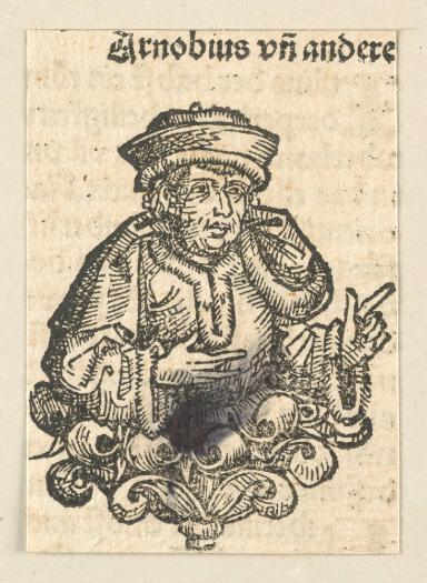 Schedelsche Weltchronik - Gelehrte: Arnobus un andere (128r)