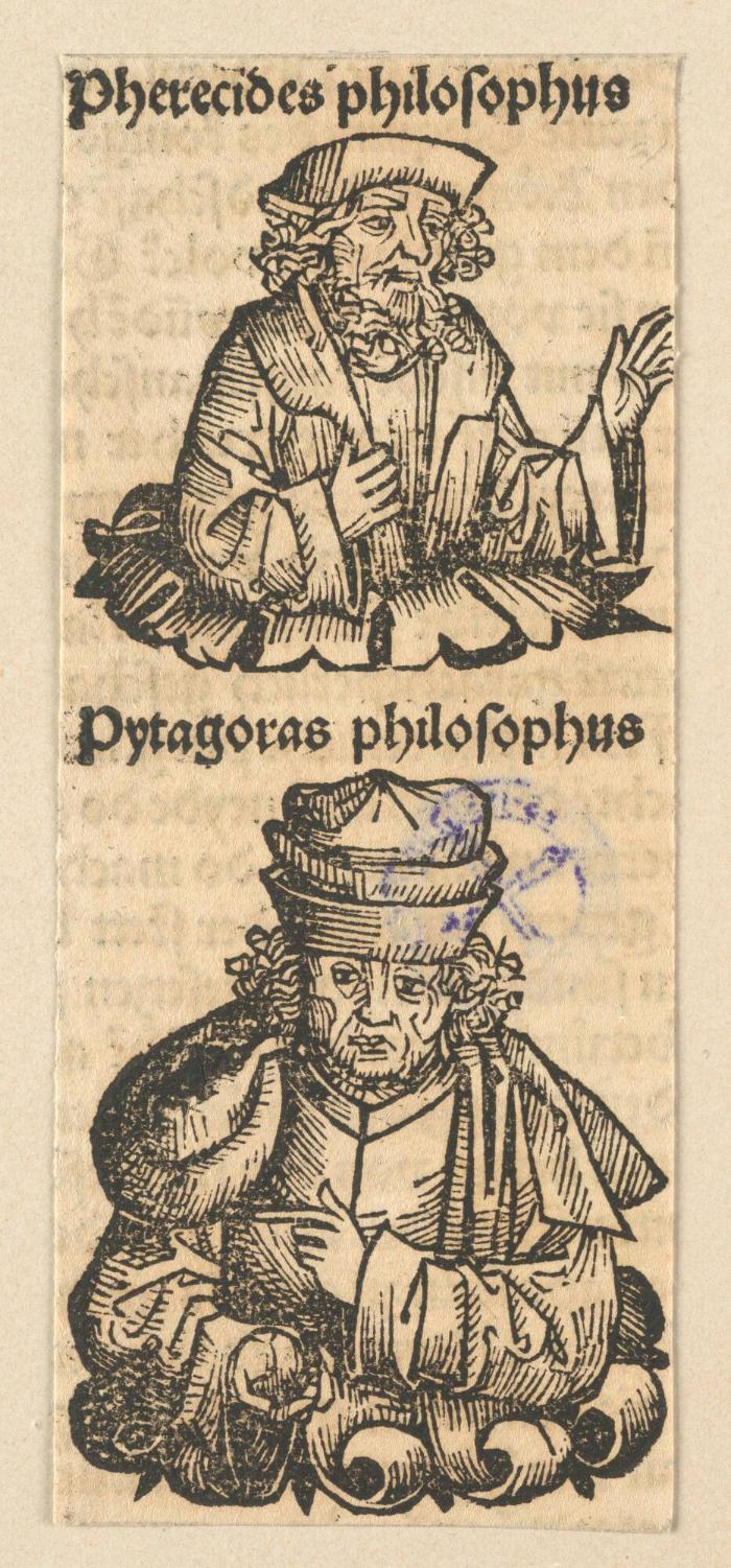 Schedelsche Weltchronik - Gelehrte: Pherecides philosophus, Pytagoras philosophus (61v)