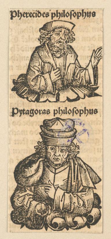 Schedelsche Weltchronik - Gelehrte: Pherecides philosophus, Pytagoras philosophus (61v)