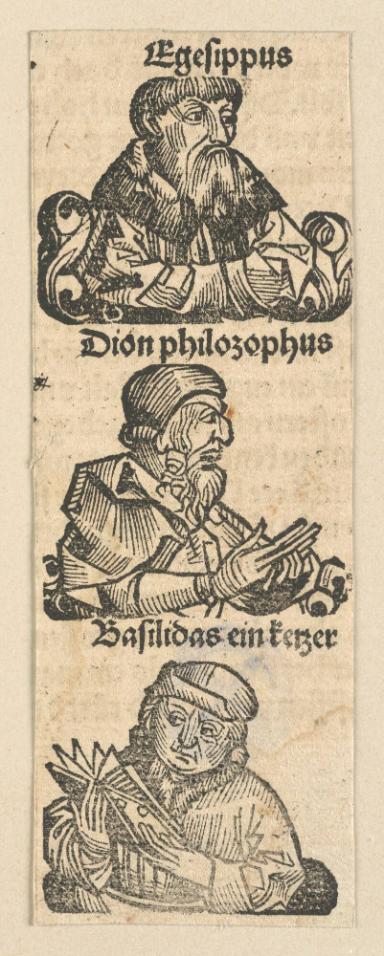 Schedelsche Weltchronik - Gelehrte: Egesiuppus, Dion philosophus, Basilidias ein kezer (111r)